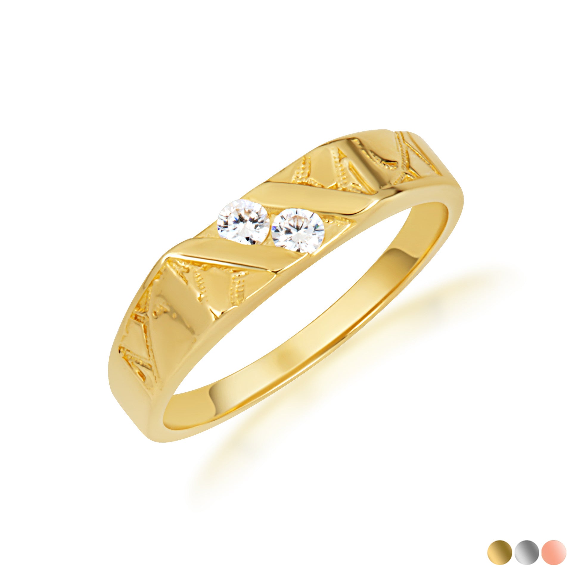 Gold Cubic Zirconia Striped Band Ring (Available in Yellow/Rose/White Gold)