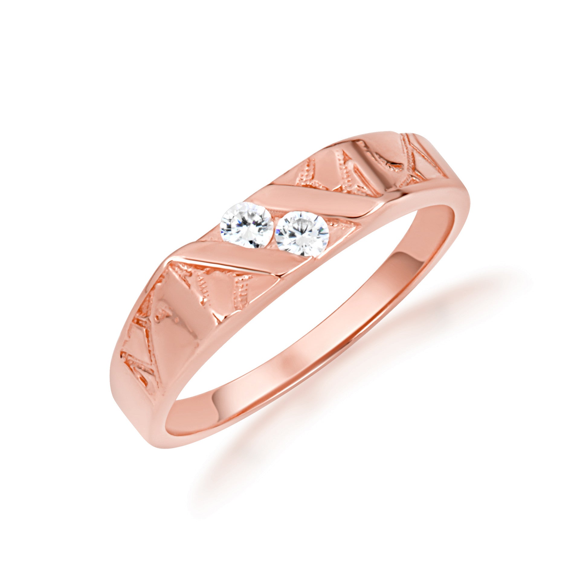 Gold Cubic Zirconia Striped Band Ring (Available in Yellow/Rose/White Gold)
