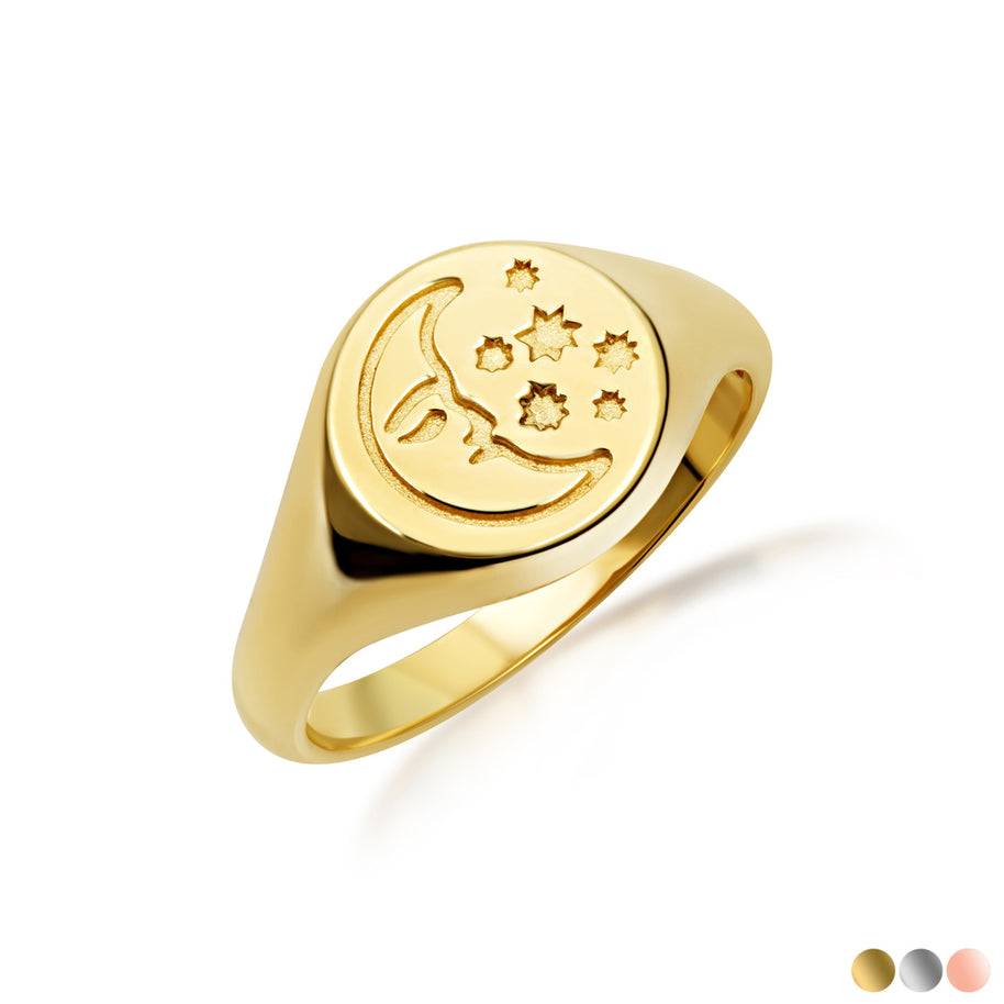 Gold Moon Face Celestial Stars Signet Ring (Available in Yellow/Rose/White Gold)