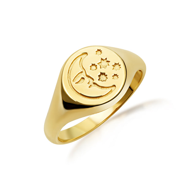 Gold Moon Face Celestial Stars Signet Ring (Available in Yellow/Rose/White Gold)