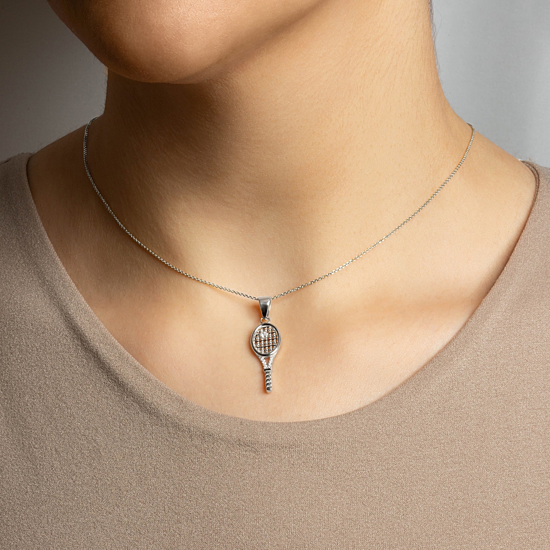 .925 Sterling Silver Cubic Zirconia Tennis Racket Sport Pendant Necklace