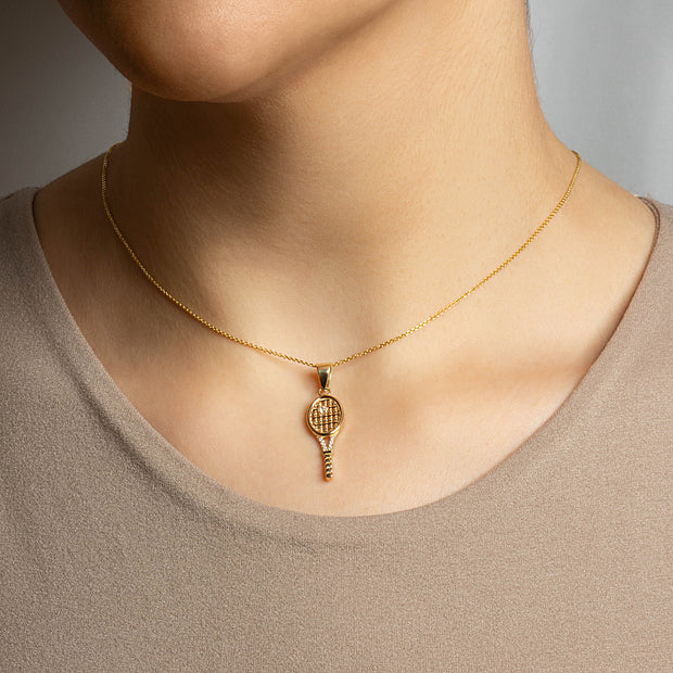 Gold Diamond Tennis Racket Sports Pendant Necklace (Available in Yellow/Rose/White Gold)