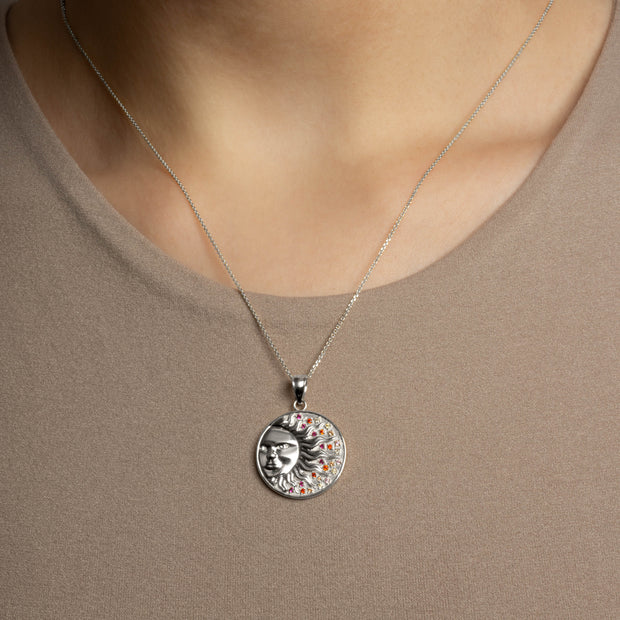.925 Sterling Silver Sun Face Multi Color Birthstone Star Medallion Pendant Necklace
