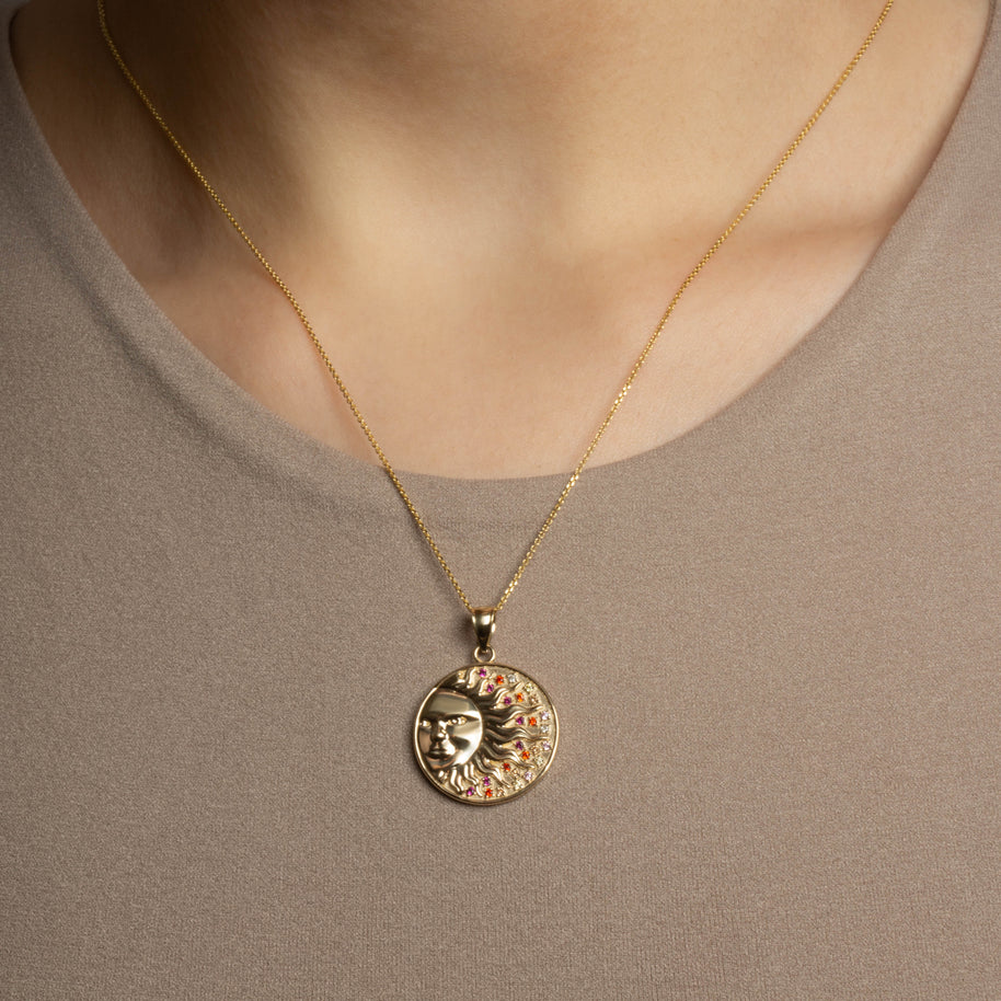 Gold Sun Face Multi Color Birthstone Star Medallion Pendant Necklace (Available in Yellow/Rose/White Gold)