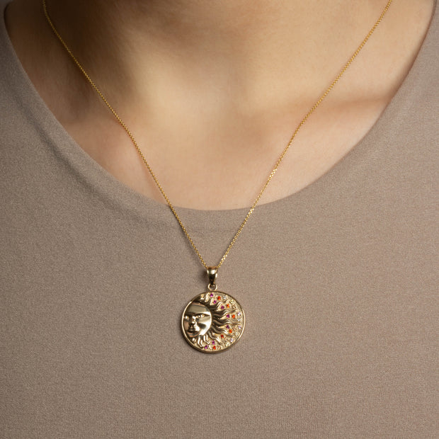 Gold Sun Face Multi Color Birthstone Star Medallion Pendant Necklace (Available in Yellow/Rose/White Gold)