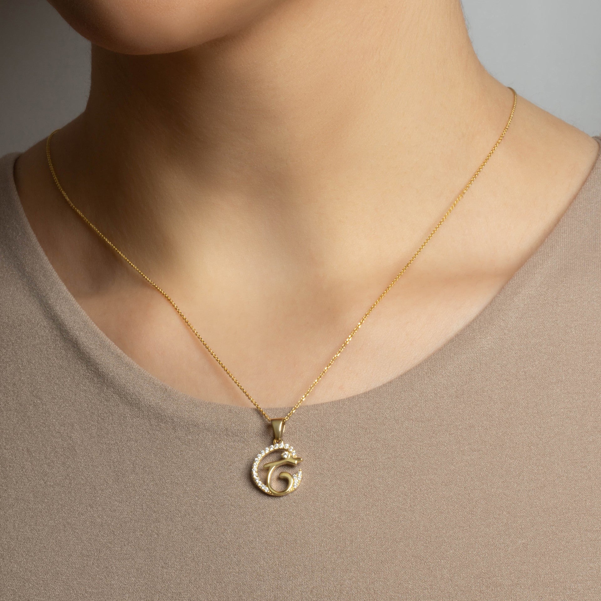 Gold Cubic Zirconia Dolphin Silhouette Pendant Necklace (Available in Yellow/Rose/White Gold)