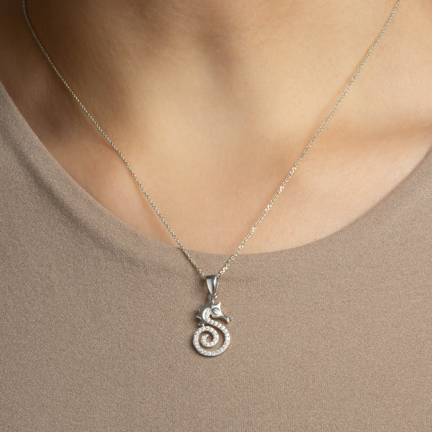.925 Sterling Silver Cubic Zirconia Seahorse Pendant Necklace
