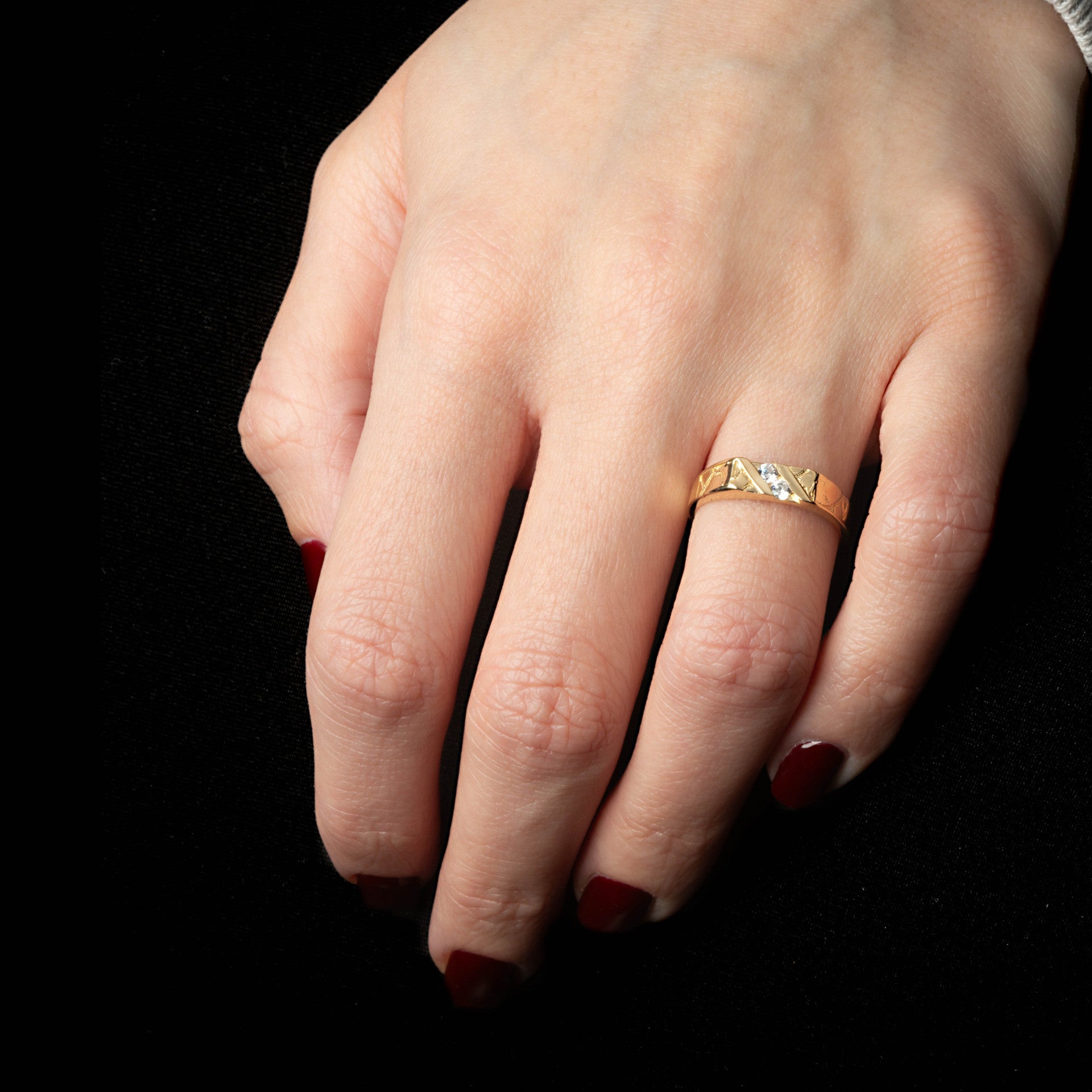 Gold Cubic Zirconia Striped Band Ring (Available in Yellow/Rose/White Gold)
