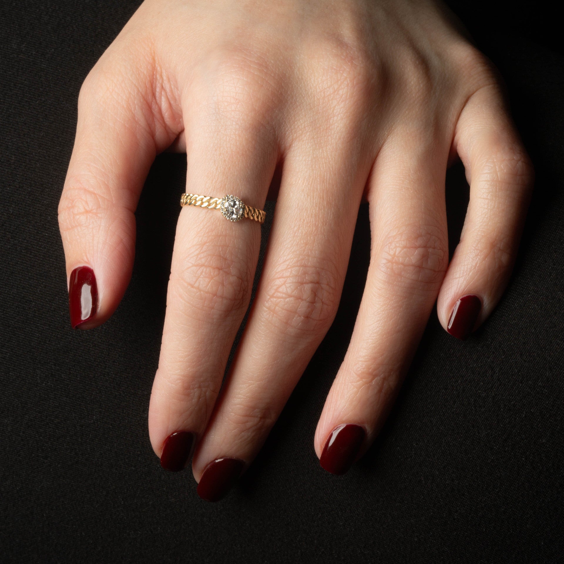 Gold Round Cut Lab Grown Diamond Halo Cuban Chain Link Ring (Available in Yellow/Rose/White Gold)