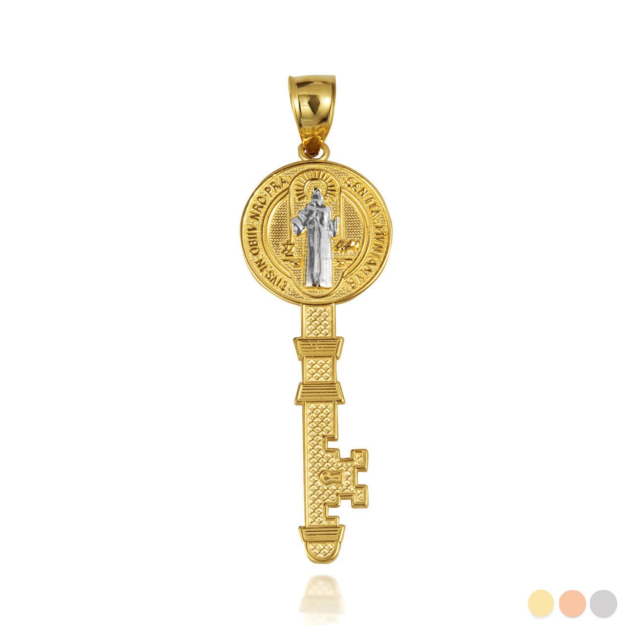 Two-Tone Gold Saint Benedict Medal Key Textured Pendant Necklace (Available in Small/Large & Yellow/Rose/White Gold)