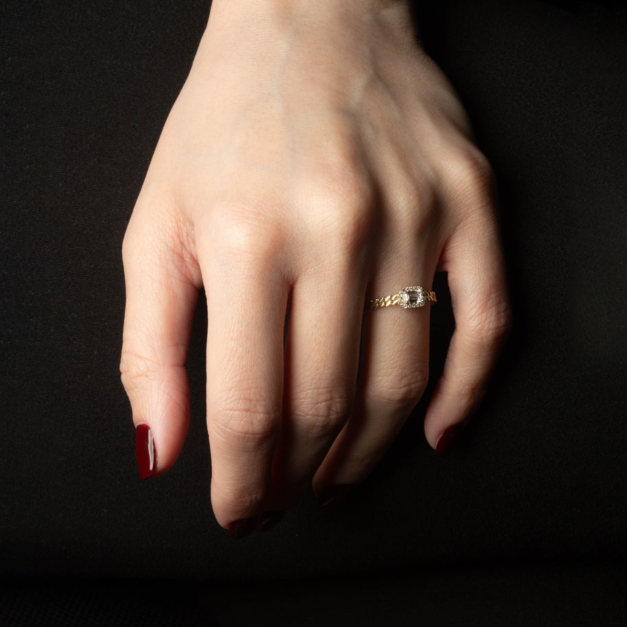 Gold Emerald Cut Lab Grown Diamond Halo Cuban Chain Link Ring (Available in Yellow/Rose/White Gold)