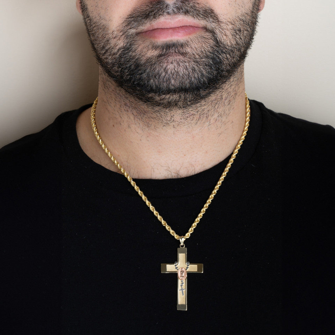 Solid Gold Tri-Color Lady Of Guadalupe Beaded Rosary Cross Pendant Necklace (Available in Yellow/Rose/White Gold)