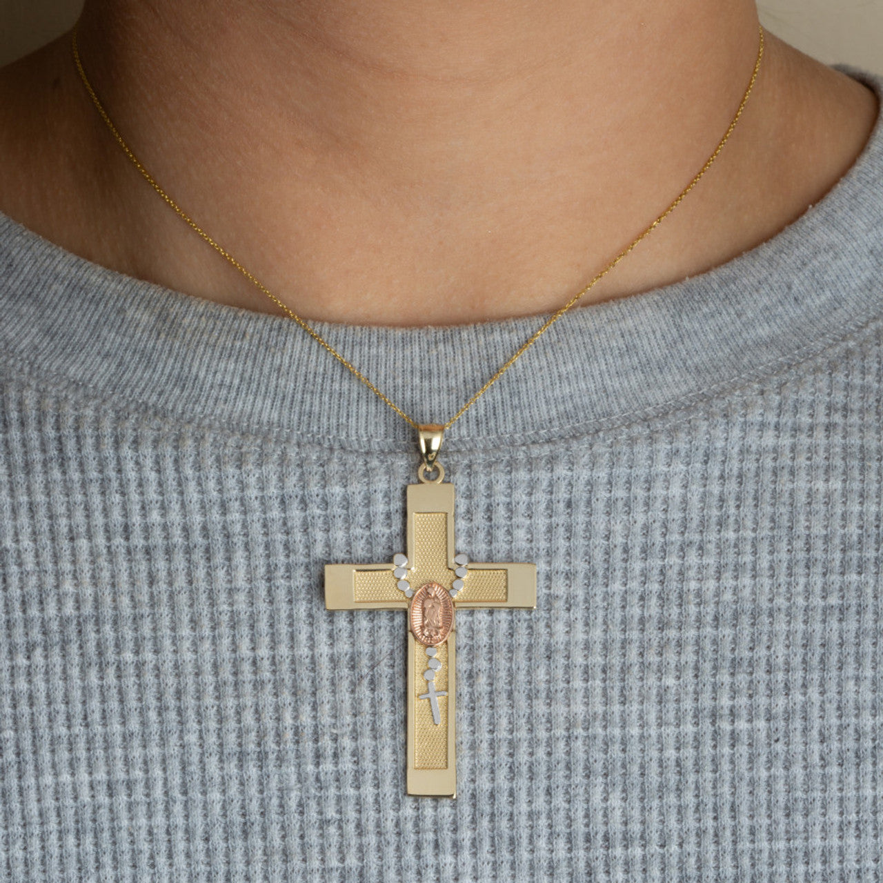 Solid Gold Tri-Color Lady Of Guadalupe Beaded Rosary Cross Pendant Necklace (Available in Yellow/Rose/White Gold)
