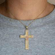 Solid Gold Tri-Color Lady Of Guadalupe Beaded Rosary Cross Pendant Necklace (Available in Yellow/Rose/White Gold)