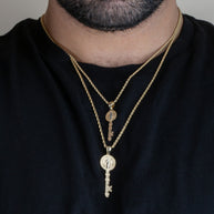 Two-Tone Gold Saint Benedict Medal Key Textured Pendant Necklace (Available in Small/Large & Yellow/Rose/White Gold)