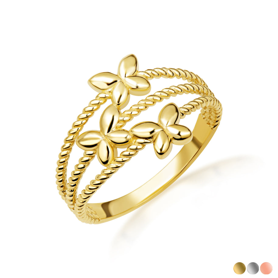 Gold Triple Butterfly Rope Band Ring (Available in Yellow/Rose/White Gold)