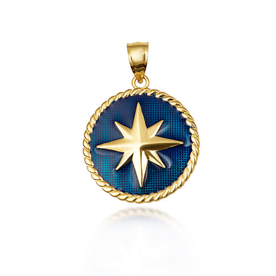 Solid Gold Enamel Compass Rose Medallion Pendant Necklace (Available in Yellow/Rose/White Gold)