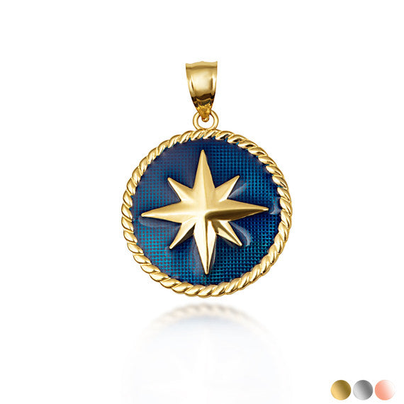 Solid Gold Enamel Compass Rose Medallion Pendant Necklace (Available in Yellow/Rose/White Gold)