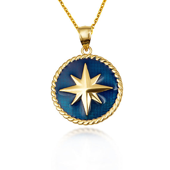 Solid Gold Enamel Compass Rose Medallion Pendant Necklace (Available in Yellow/Rose/White Gold)
