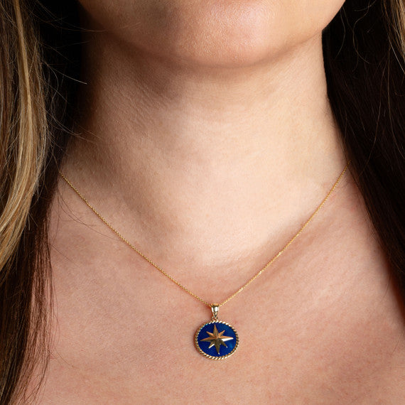Solid Gold Enamel Compass Rose Medallion Pendant Necklace (Available in Yellow/Rose/White Gold)