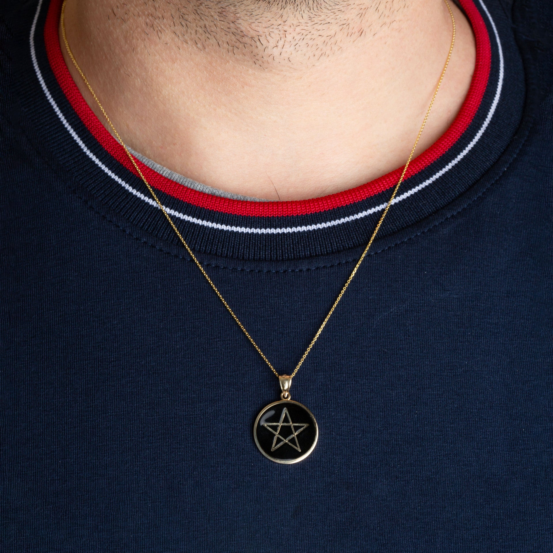 Gold Enamel Wiccan 5 Point Star Pentagram Medallion Pendant Necklace (Available in Yellow/Rose/White Gold)