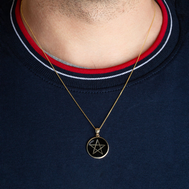 Gold Enamel Wiccan 5 Point Star Pentagram Medallion Pendant Necklace (Available in Yellow/Rose/White Gold)