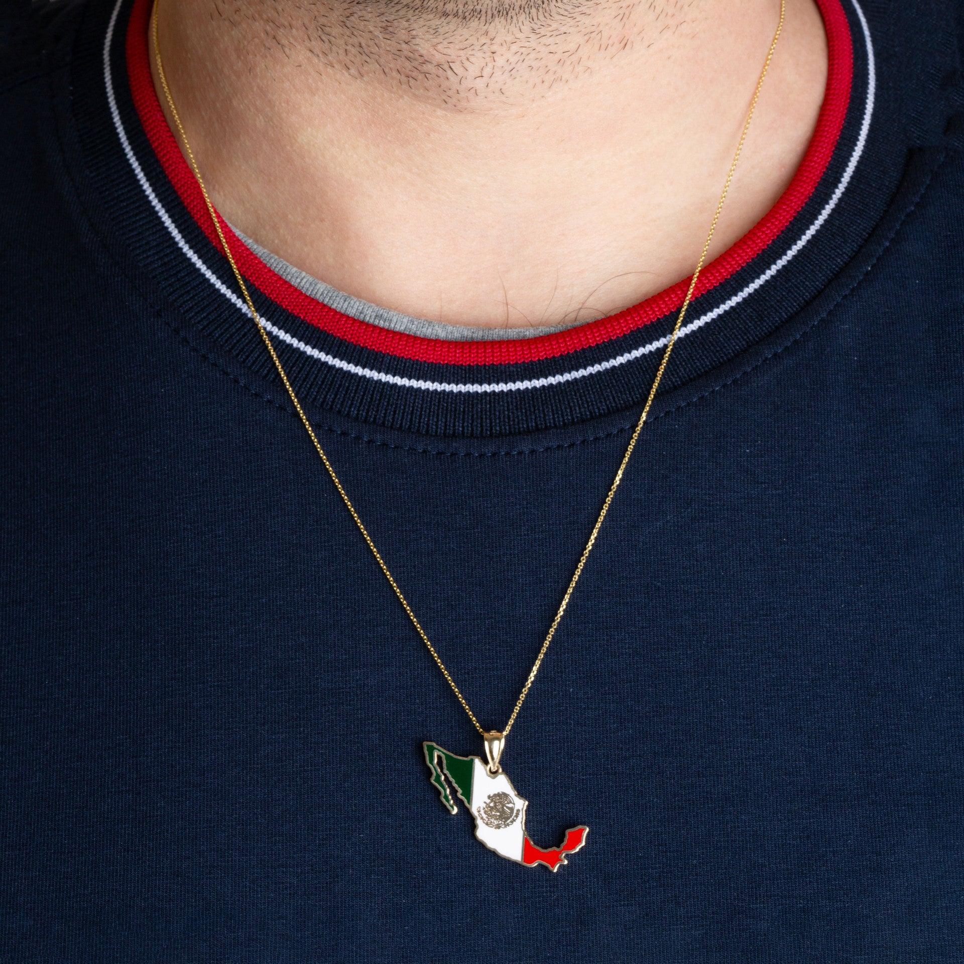Gold Mexico Map Flag Enamel Pendant Necklace (Available in Yellow/Rose/White Gold)