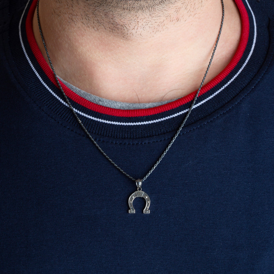 .925 Sterling Silver Lucky Horseshoe Oxidized Charm Pendant Necklace S/L