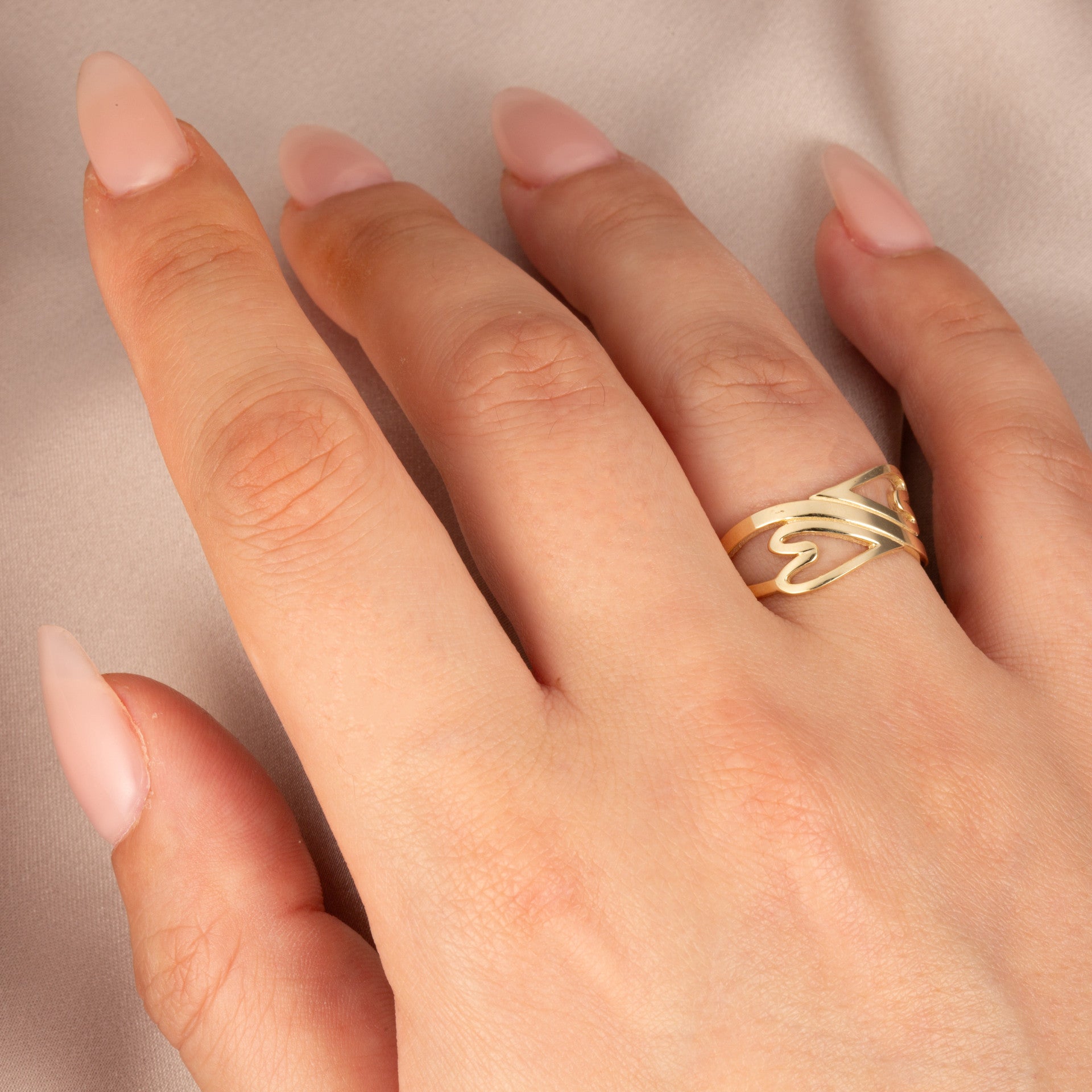 Gold Elongated Double Heart Love Ring (Available in Yellow/Rose/White Gold)