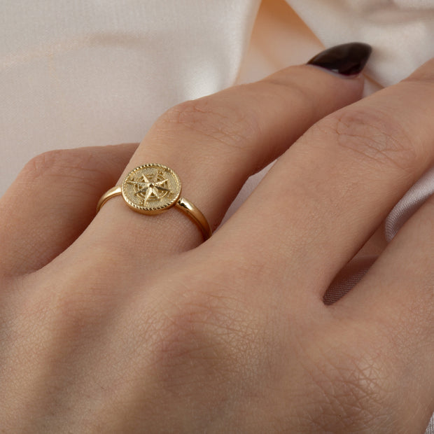 Gold Nautical Compass Rose Rope Signet Ring (Available in Yellow/Rose/White Gold)