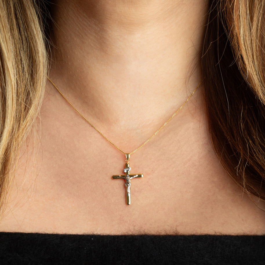 14K Two-Tone Gold Sacred INRI Jesus Christ Cross Crucifix Pendant Necklace
