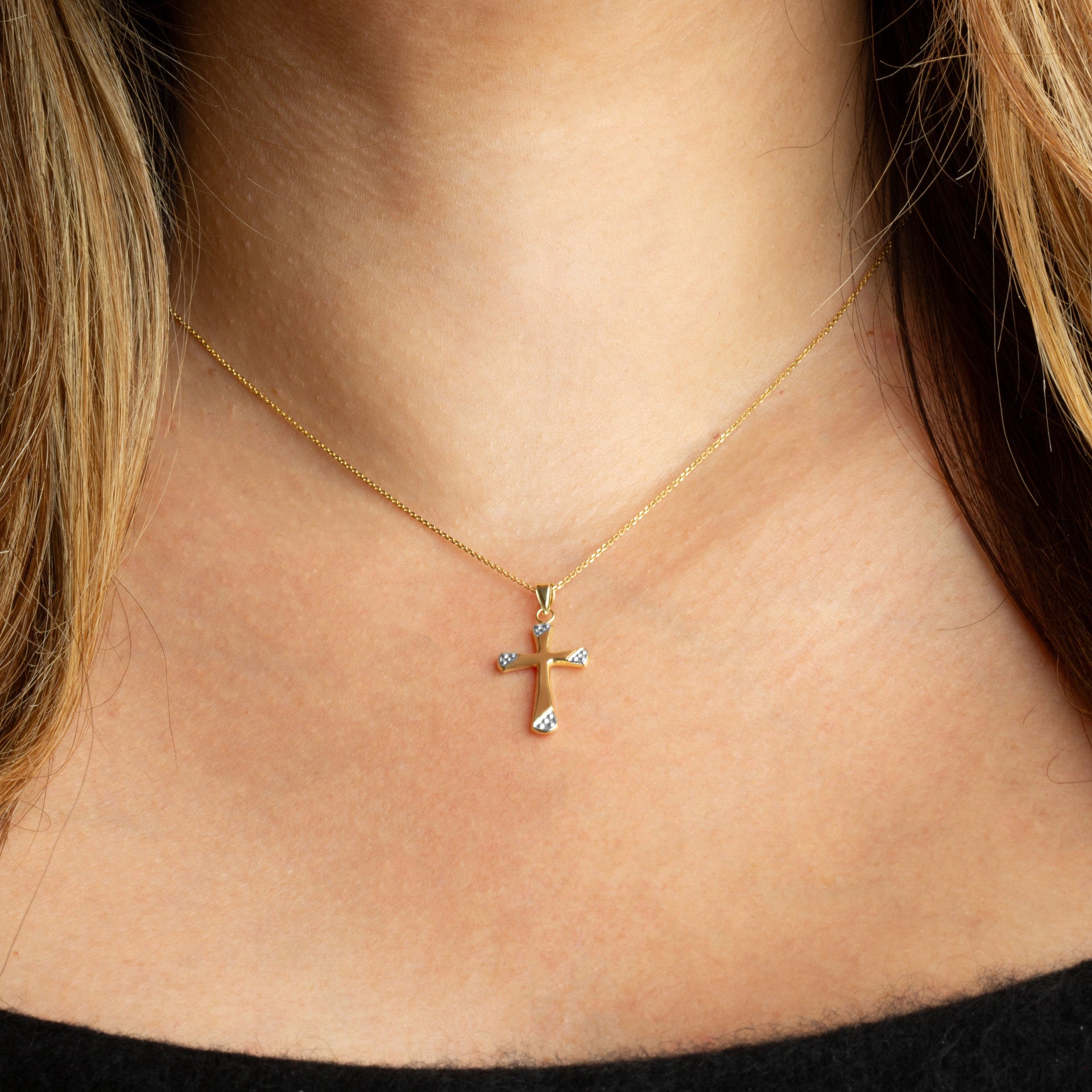 14K Two-Tone Gold Textured Cross Pendant Necklace