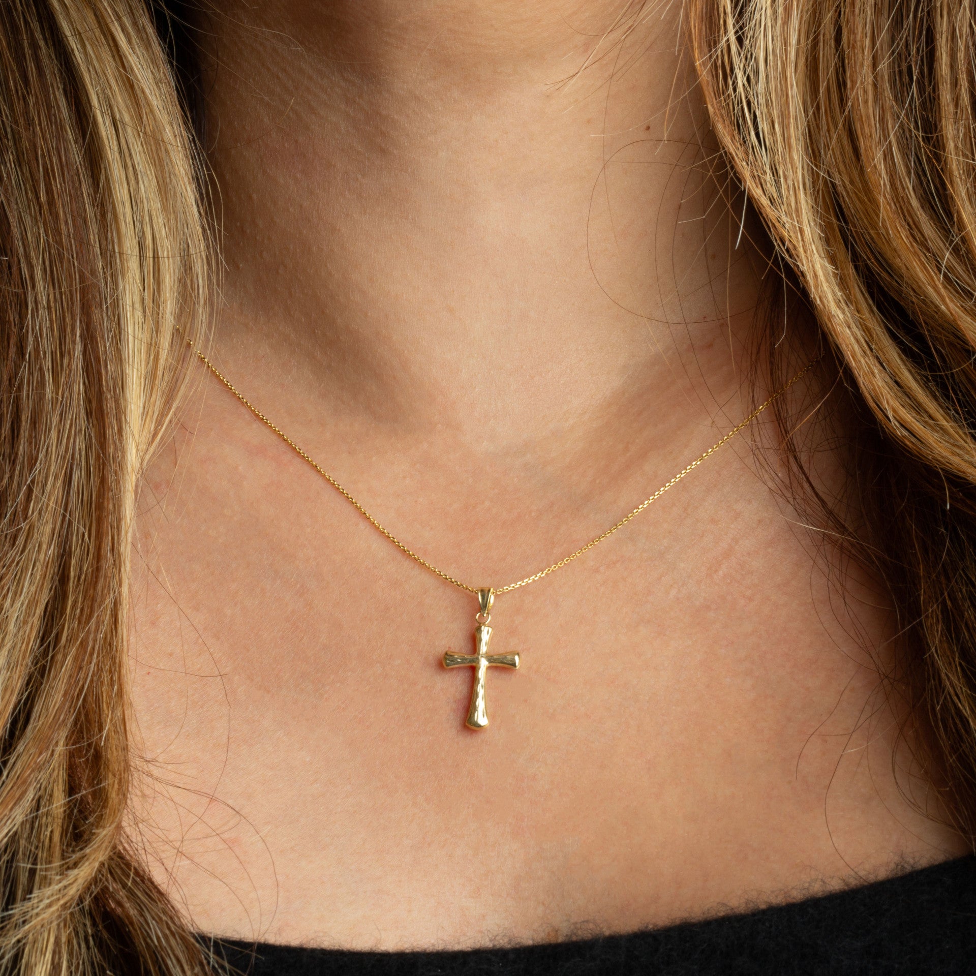 14K Yellow Gold Textured Sacred Cross Pendant Necklace