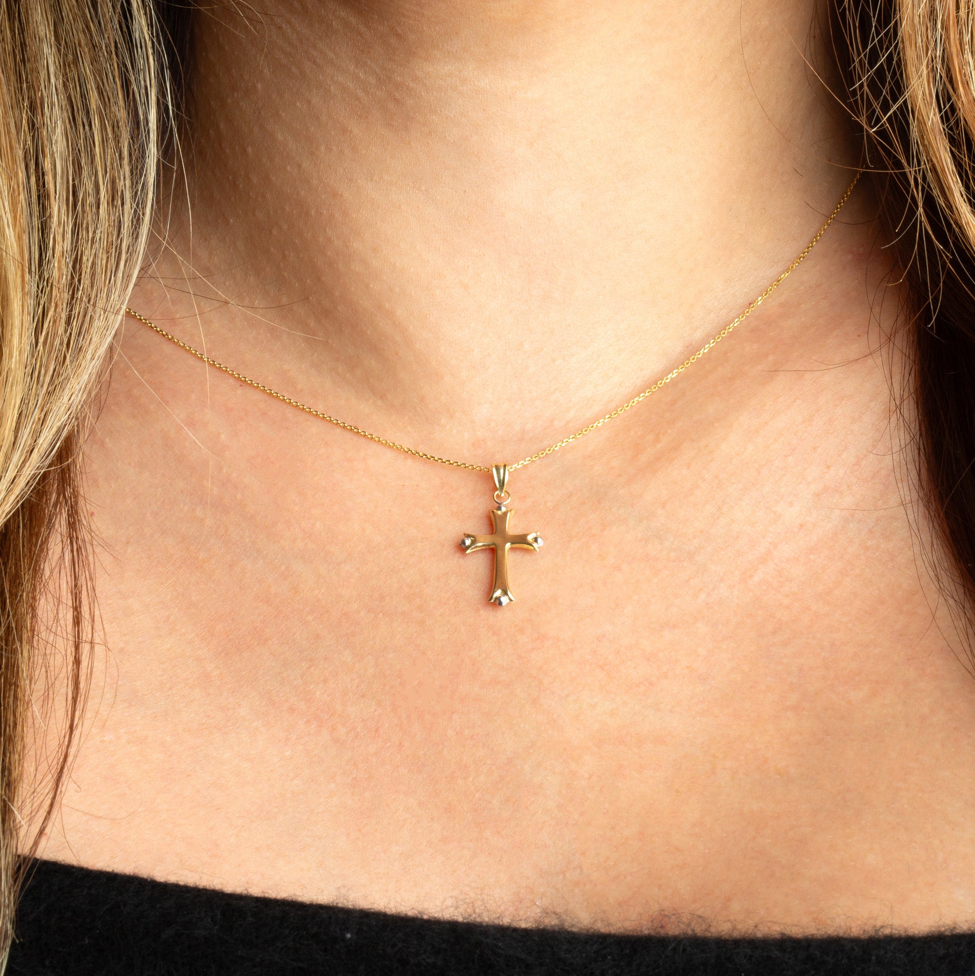 14K Two-Tone Gold Beaded Sacred Cross Pendant Necklace