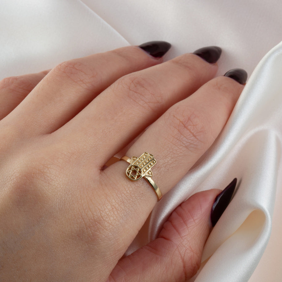 Gold Jewish Star Of David Hamsa Hand Beaded Ring (Available in Yellow/Rose/White Gold)