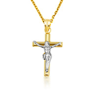 14K Two-Tone Gold Sacred Jesus Christ Cross Crucifix Pendant Necklace