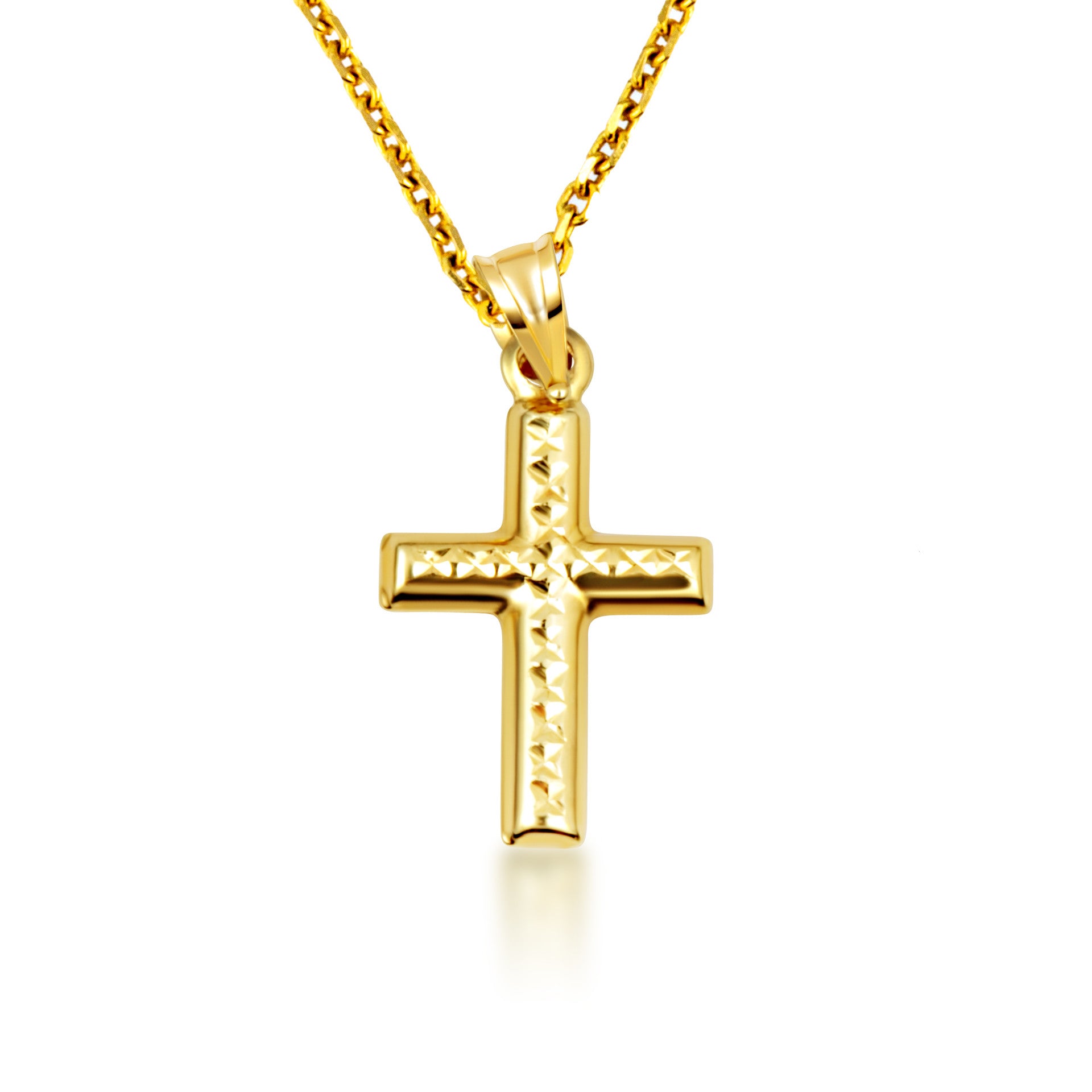 14K Yellow Gold Ribbed Cross Pendant Necklace