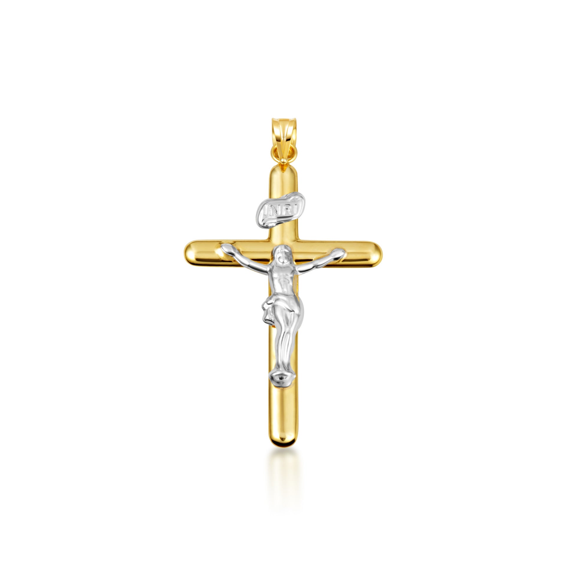 14K Two-Tone Gold Sacred INRI Jesus Christ Cross Crucifix Pendant Necklace