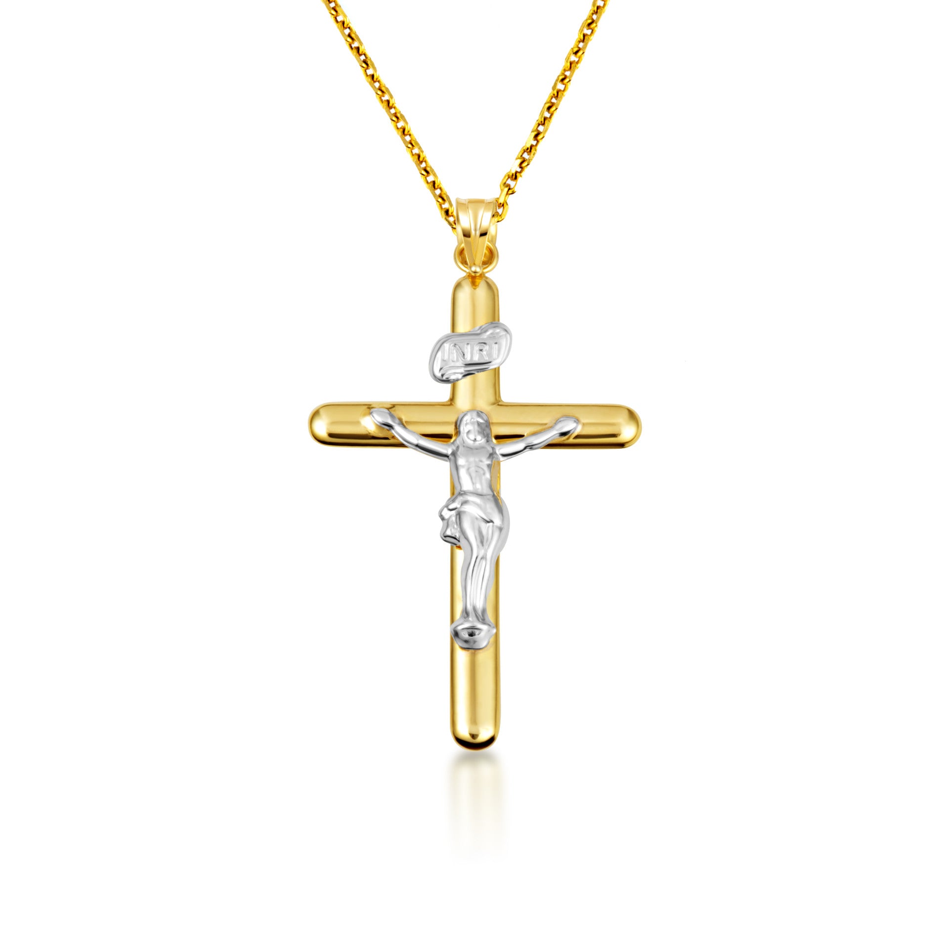 14K Two-Tone Gold Sacred INRI Jesus Christ Cross Crucifix Pendant Necklace