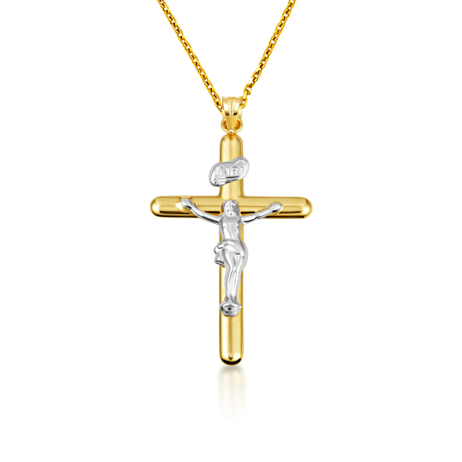 14K Two-Tone Gold Sacred INRI Jesus Christ Cross Crucifix Pendant Necklace