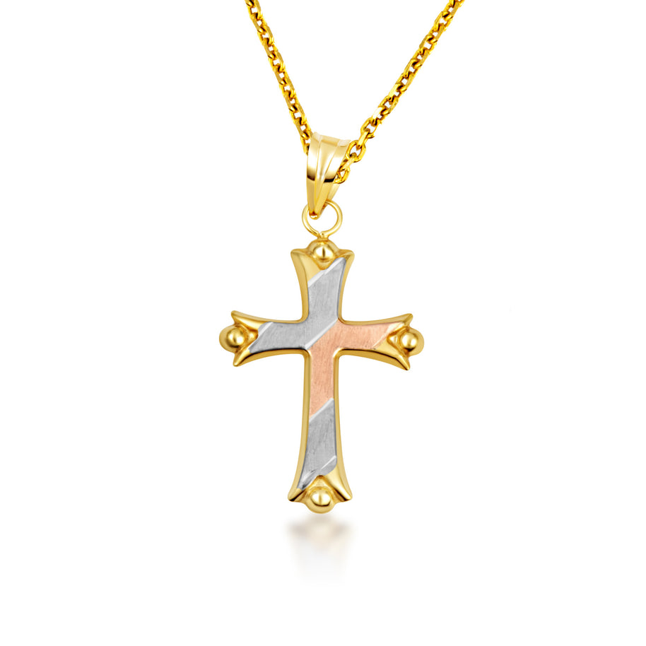 14K Tri-Color Gold Striped Cross Pendant Necklace