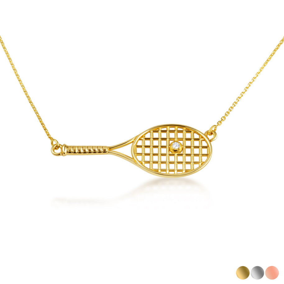 14K Gold Diamond Tennis Racket Sports Pendant Necklace (Available in Yellow/Rose/White Gold)