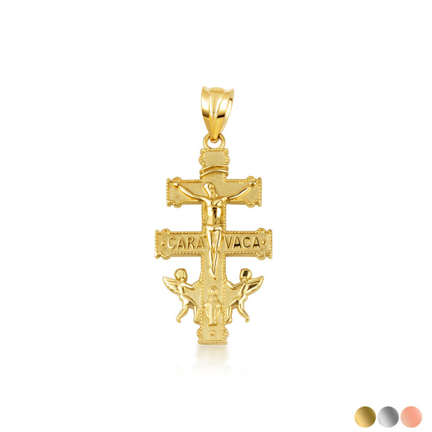Gold Spanish Caravaca Cross Crucifix Jesus Christ Angels Pendant Necklace (Available in Yellow/Rose/White Gold)