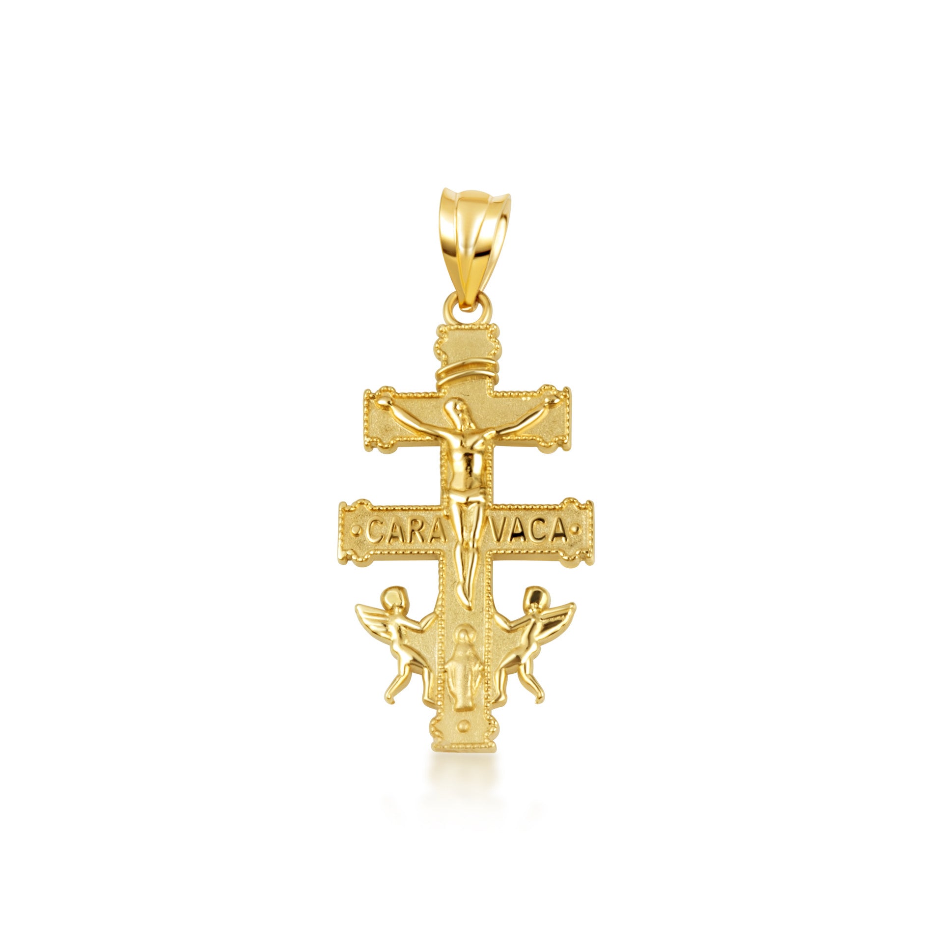 Gold Spanish Caravaca Cross Crucifix Jesus Christ Angels Pendant Necklace (Available in Yellow/Rose/White Gold)