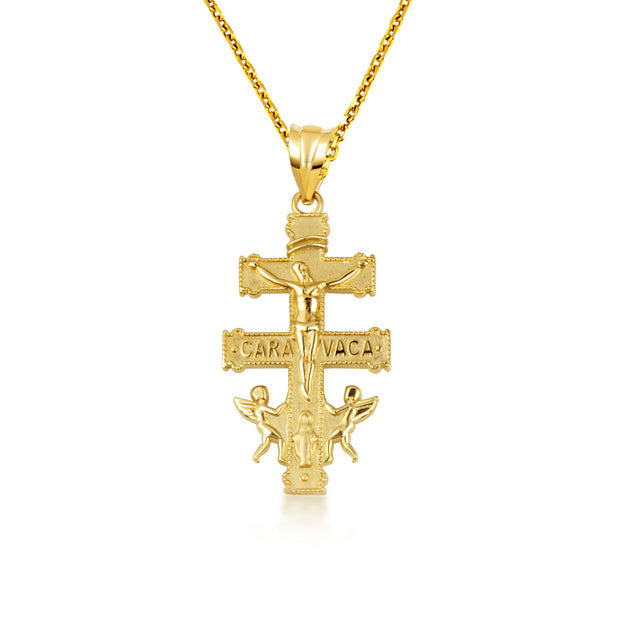 Gold Spanish Caravaca Cross Crucifix Jesus Christ Angels Pendant Necklace (Available in Yellow/Rose/White Gold)