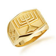 Gold Jewish Star Of David Menorah Signet Ring (Available in Yellow/Rose/White Gold)