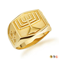 Gold Jewish Star Of David Menorah Signet Ring (Available in Yellow/Rose/White Gold)
