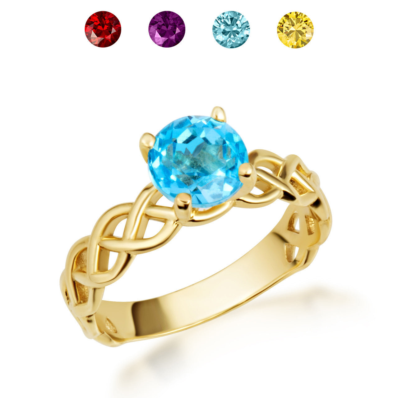 Gold Genuine Round Gemstone Trinity Knot Claddagh Ring (Available in Yellow/Rose/White Gold)