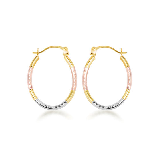 14K Tri-Color Gold Diamond Cut Huggie Hoop Earrings