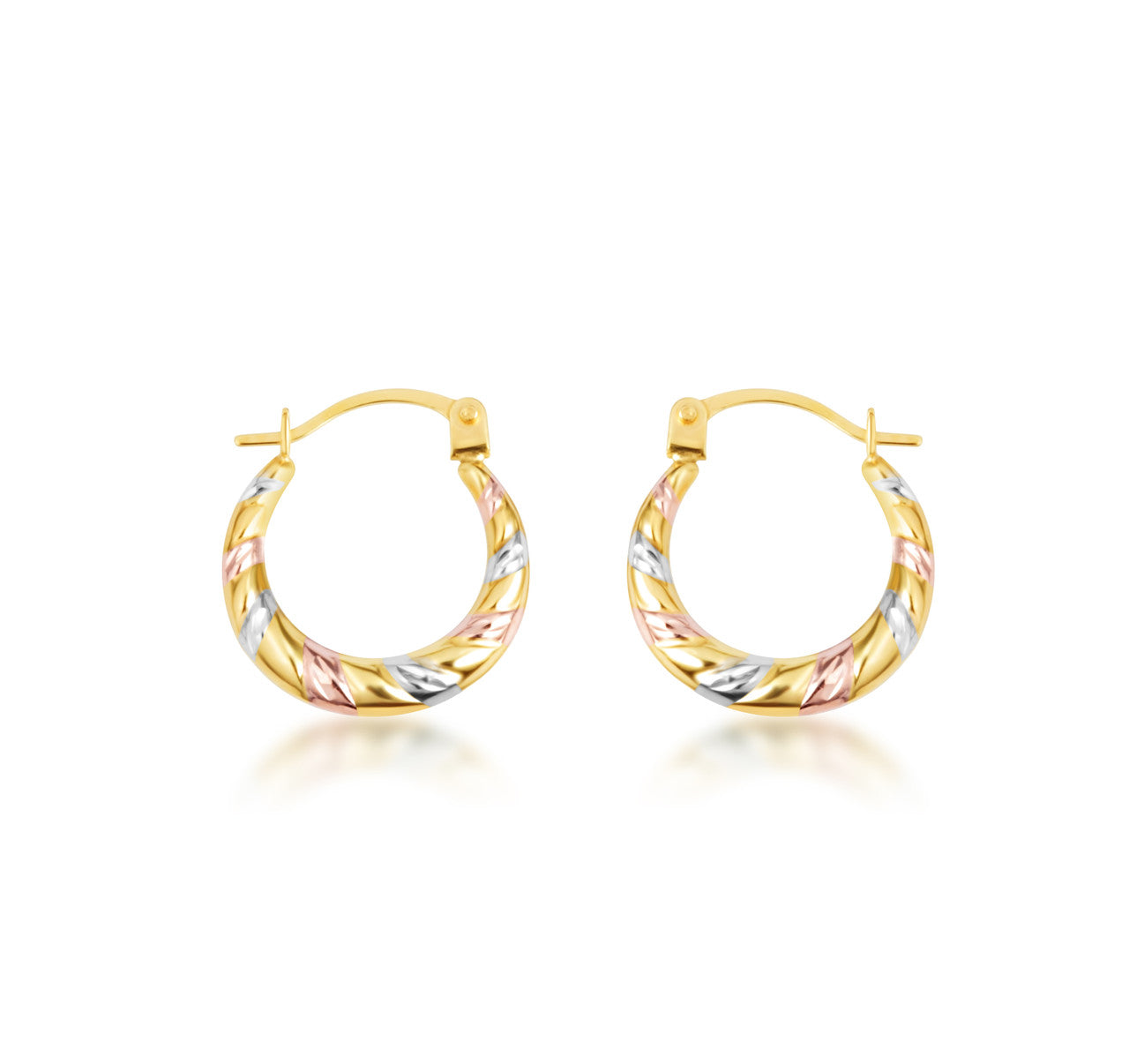 14K Tri-Color Gold Striped Diamond Cut Huggie Hoop Earrings